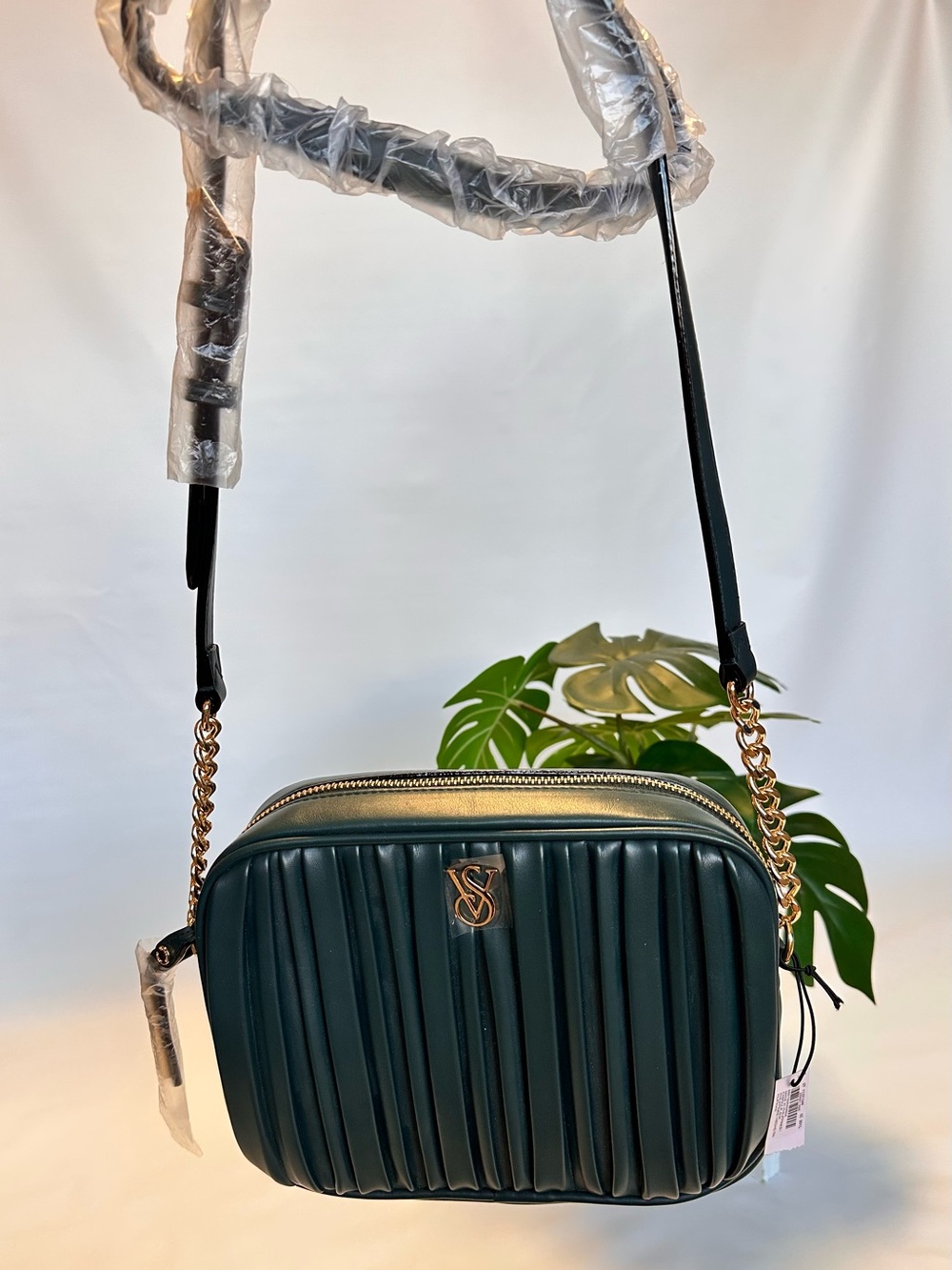 Victoria's Secret Dark Green Quilted Crossbody with Gold Chain